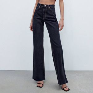 Zara Wide Leg Jeans High Rise Full Length Raw Hem